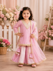 Pink and White Pure Organza Sharara Suit with Potli Bag