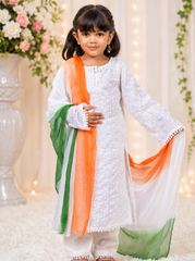 White Chikankari Kid suit with Tiranga Dupatta