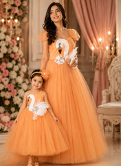 Peach Swan Theme Mother and Daughter Matching Gown Set
