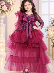 Wine Ruffled Dress With Ruffled Trail