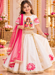 White and Pink Lotus Embroidered Lehenga Choli for Girls