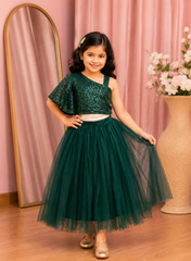Emerald Green One Shoulder Embroidered Top And Net Skirt