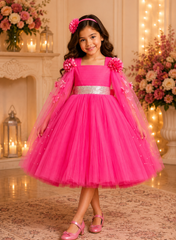 Pink Elongated Flowers Sleeves Gown