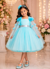 Sky Blue Elongated Flowers Sleeves Gown