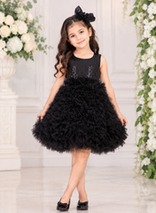 Black Ruffled Net and Sequins Dress