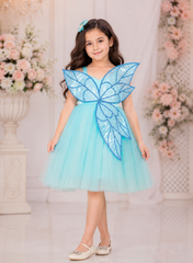 Sky Blue Hand Embroidered Leaf Patch Kids Dress