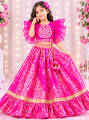 Hot Pink Brocade Skirt Top Set