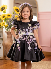 Black Satin Hand Embroidered Dress With Back Bow