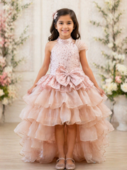 Rose Gold Sequined High Low Trail Gown