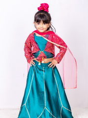 Peacock Green and Pink Silk Lehenga