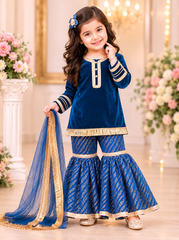 Teal Blue Velvet and Brocade Sharara Suit