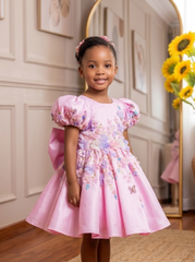 Pink Hand Embroidered Dress With Back Bow