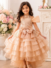 Rose Gold Sequined High Low Trail Dress