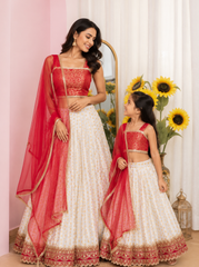 White Pink Mom and Daughter Lehenga Sets