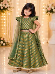 Green brocade kids skirt top set