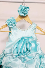 Sky-Blue Satin Rose Flare Dress