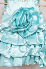 Sky-Blue Satin Rose Flare Dress