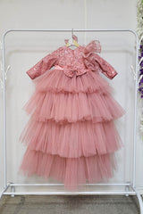 Dusty Pink Ruffled Dress with Ruffled Trail