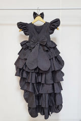Black Raw Silk High Low Ruffled Dress
