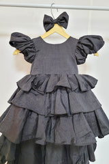 Black Raw Silk High Low Ruffled Dress