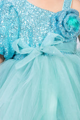 Aqua Blue Sequins and Net Frozen Theme Dress