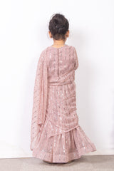 Nude Pink Shade Pre Draped Saree with Stitched Blouse for Kids