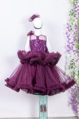 Wine Double Layered Net Gown