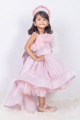 Pink Shimmer High Low Dress with Feathers