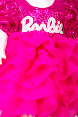 Hot Pink Sequins and Organza Barbie Dress with Customized Name