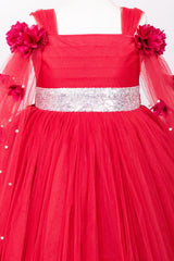 Maroon Elongated Flowers Sleeves Gown