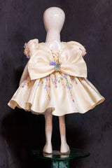 Off White Satin Hand Embroidered Dress with Back Bow