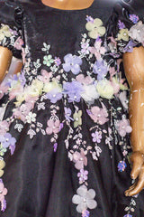 Black Satin Hand Embroidered Dress With Back Bow