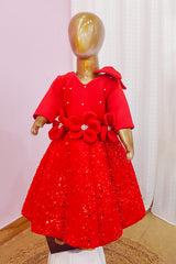 Red Scuba and Embroidered Net Ball Gown