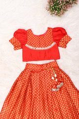 Red Brocade Kids Skirt Top Set