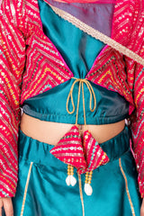 Peacock Green and Pink Silk Lehenga
