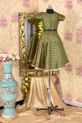 Green brocade kids skirt top set