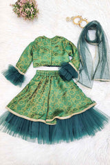 Bottle Green Brocade and Net Lehenga
