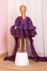 Wine Bead Work Mother Daughter Combo Dress