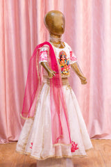 White and Pink Lotus Embroidered Lehenga Choli for Girls