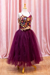 Wine Embroidered Crop Top And Skirt