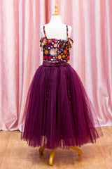 Wine Embroidered Crop Top And Skirt
