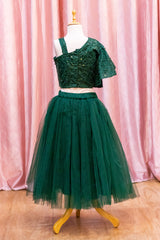 Emerald Green One Shoulder Embroidered Top And Net Skirt