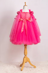 Pink Elongated Flowers Sleeves Gown