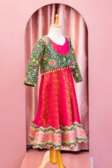 Pink Brocade Anarkali with Green Embroidered Jacket for Girls