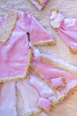 Pink and White Pure Organza Sharara Suit with Potli Bag