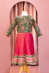 Pink Brocade Anarkali with Green Embroidered Jacket for Girls