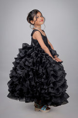 Midnight Bloom Ruffle Gown For Girls