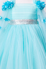 Sky Blue Elongated Flowers Sleeves Gown
