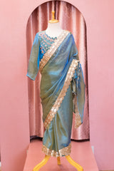 Teal Blue Draped Saree with Hand Embroidered Blouse