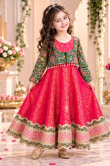 Pink Brocade Anarkali with Green Embroidered Jacket for Girls